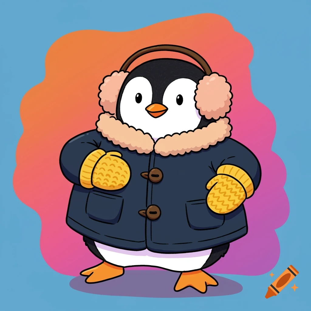 A cartoon penguin wears a blue coat, earmuffs, and yellow mittens.
