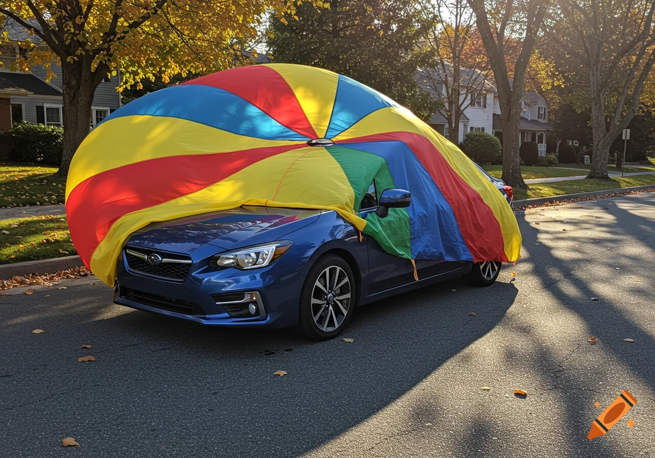 A blue sedan car covered by a colorful playground parachute on an autumn street.