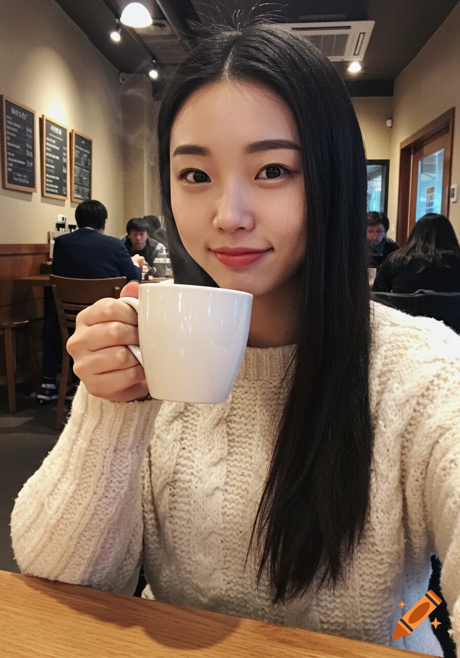 Woman takes a selfie in a coffee shop, holding a white mug.
