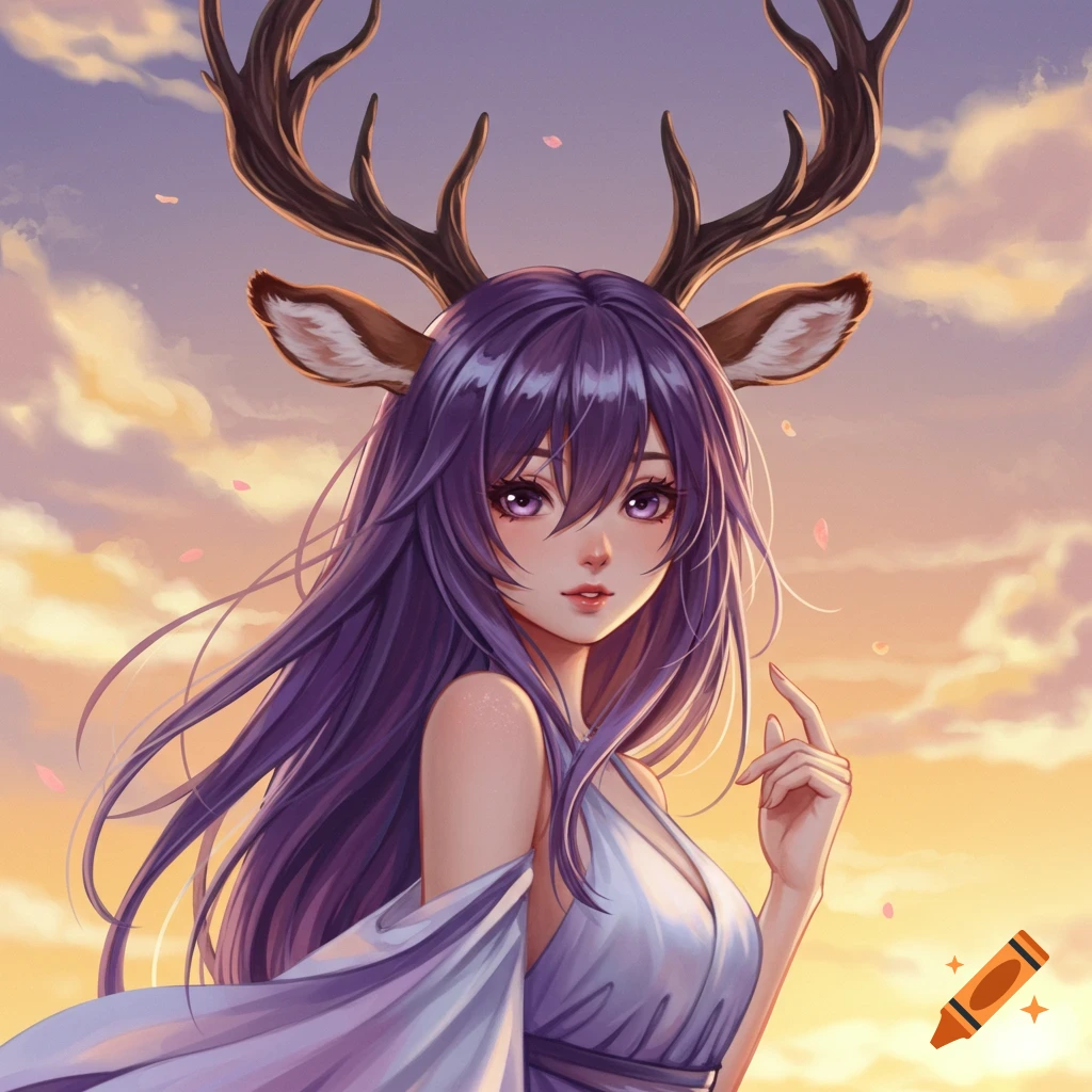 Anime girl with deer antlers and ears, purple hair, wearing a white dress, against a sunset sky.