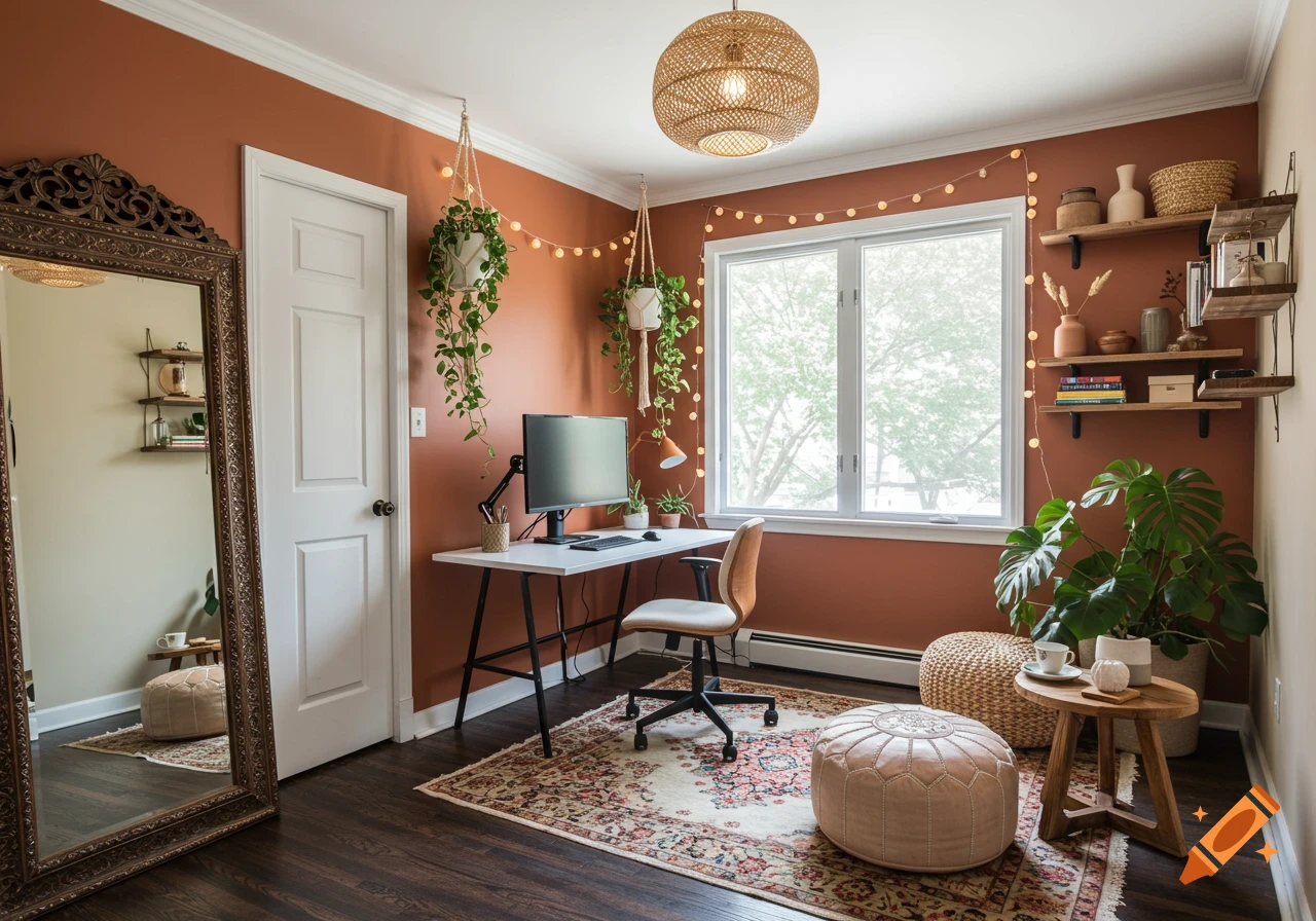 A bohemian home office with a terracotta wall, large mirror, desk, plants, and a patterned rug.