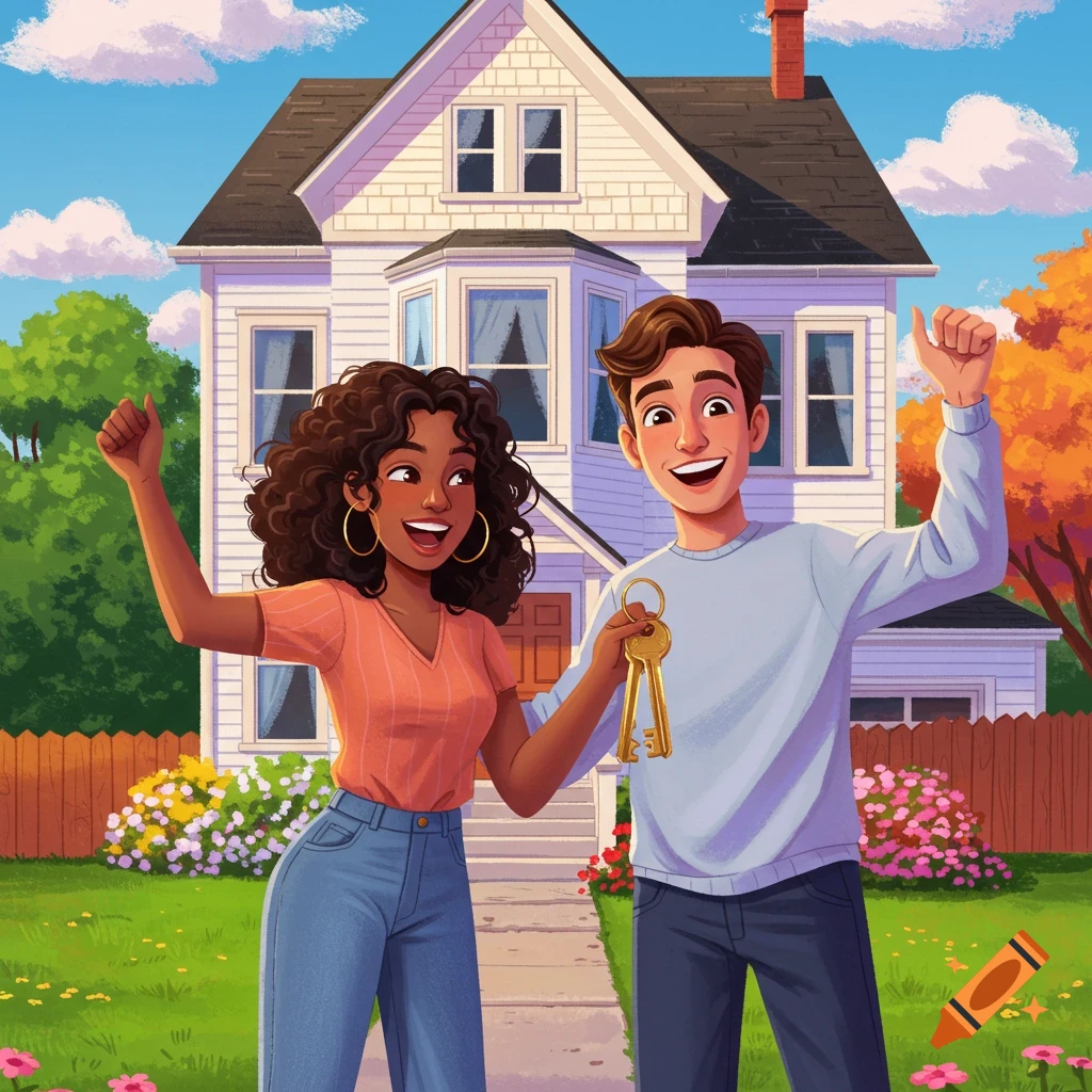 A happy couple stands in front of a house holding keys, in an illustration style.
