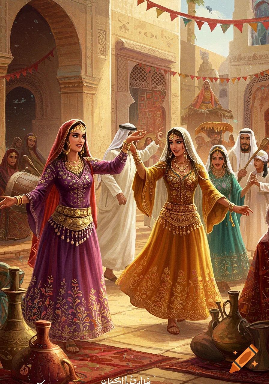 Two women in ornate traditional dresses dancing in a lively outdoor market or street scene with other people celebrating. Illustrated style.