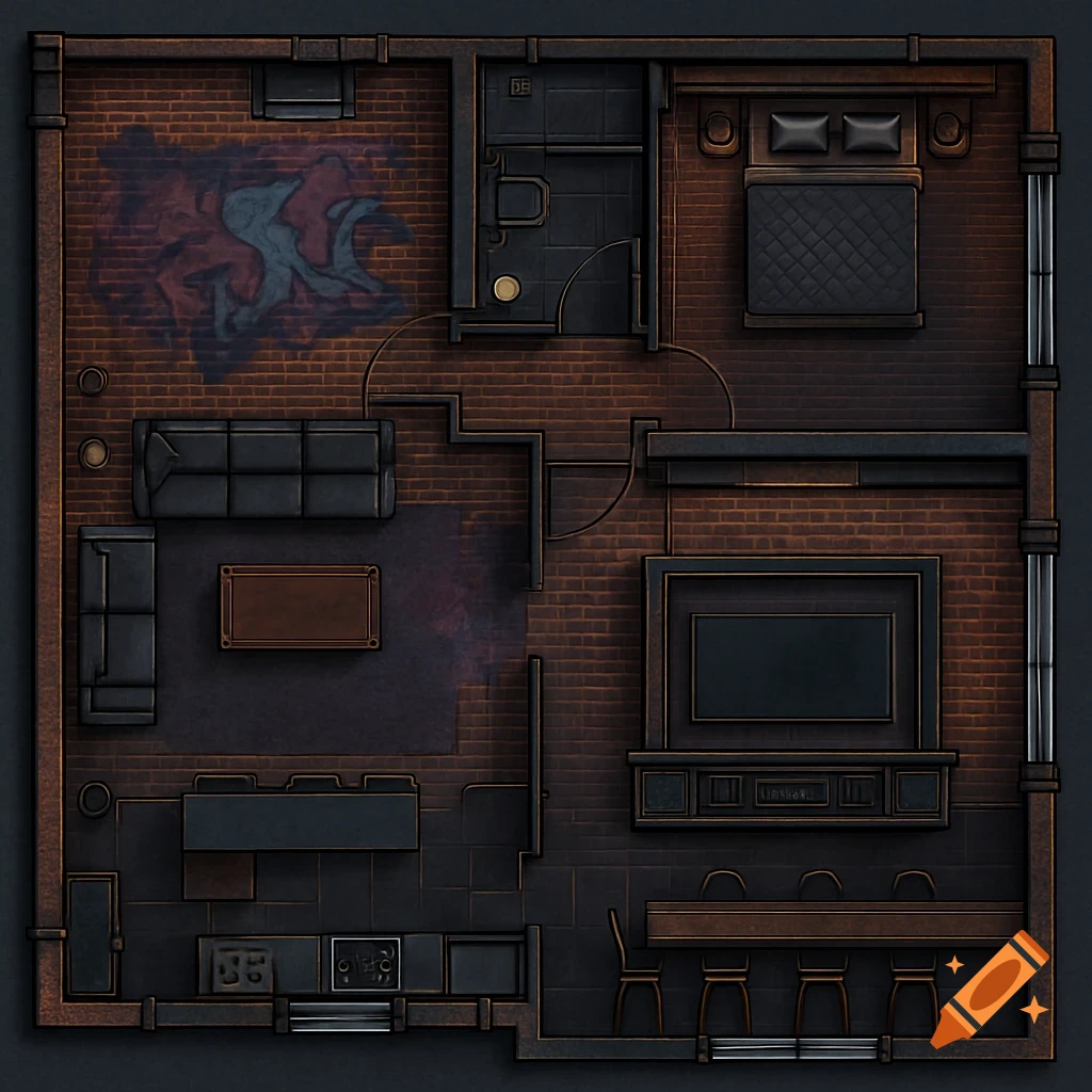 Top-down view of an industrial modern apartment floor plan with living room, kitchen, bedroom, and bathroom.