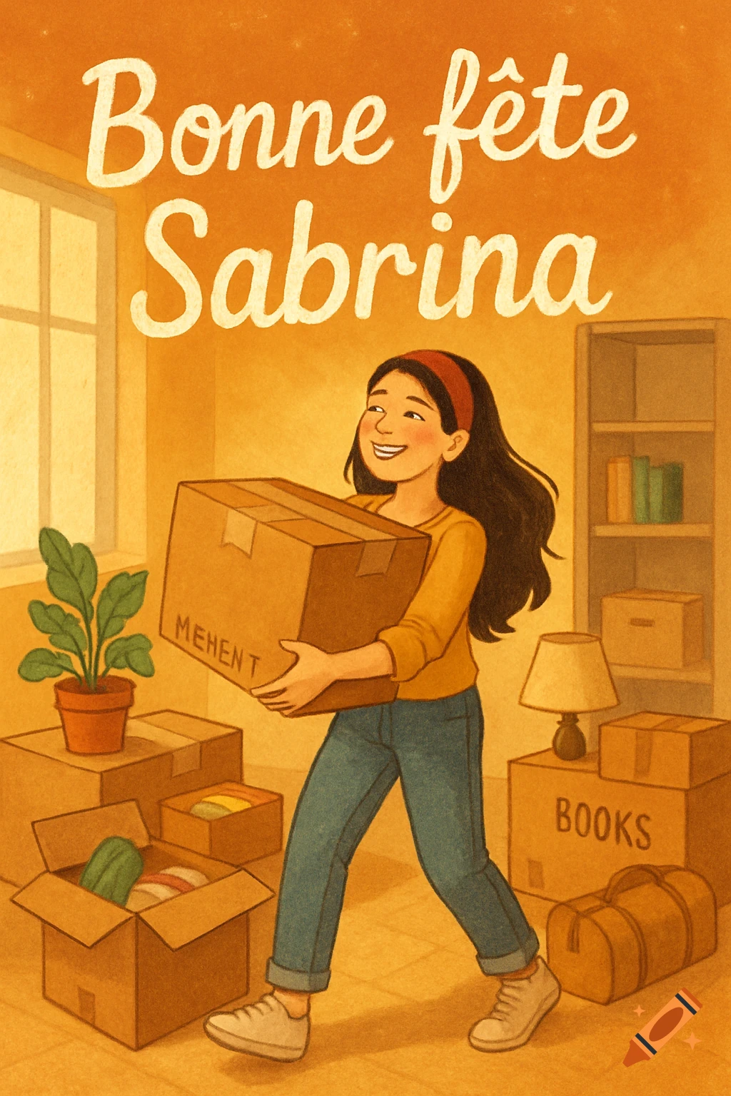 Illustration of a young woman holding a box while moving into an apartment, with text 'Bonne fête Sabrina'.