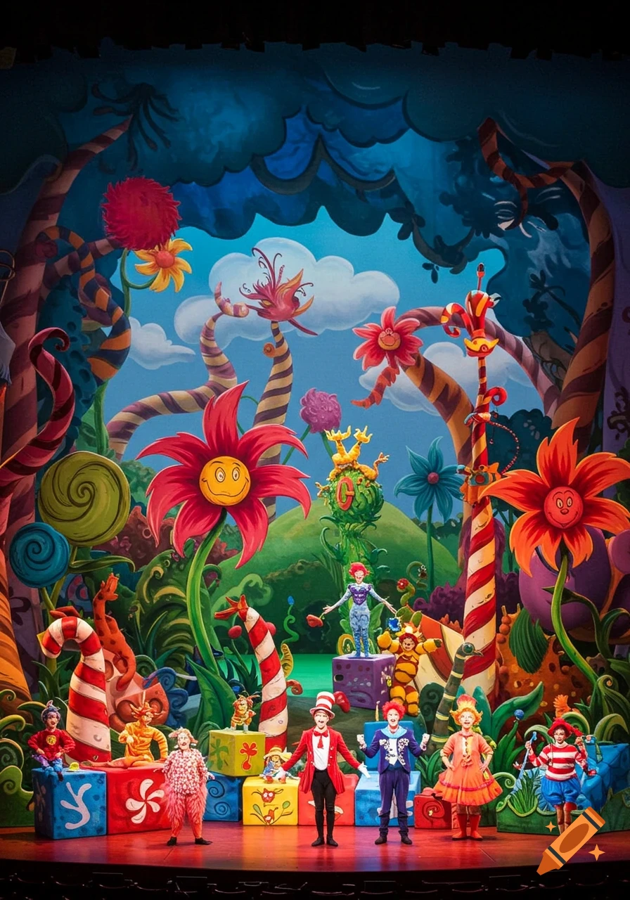 A colorful, whimsical stage set for a musical with actors in costumes, featuring oversized flowers, candy canes, and twisted trees in a fantastical landscape.