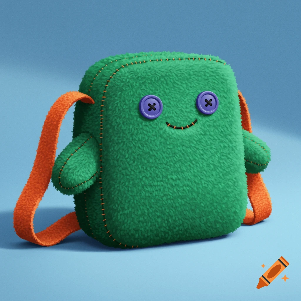 A green furry plush toy bag with purple button eyes and orange straps on a blue background.