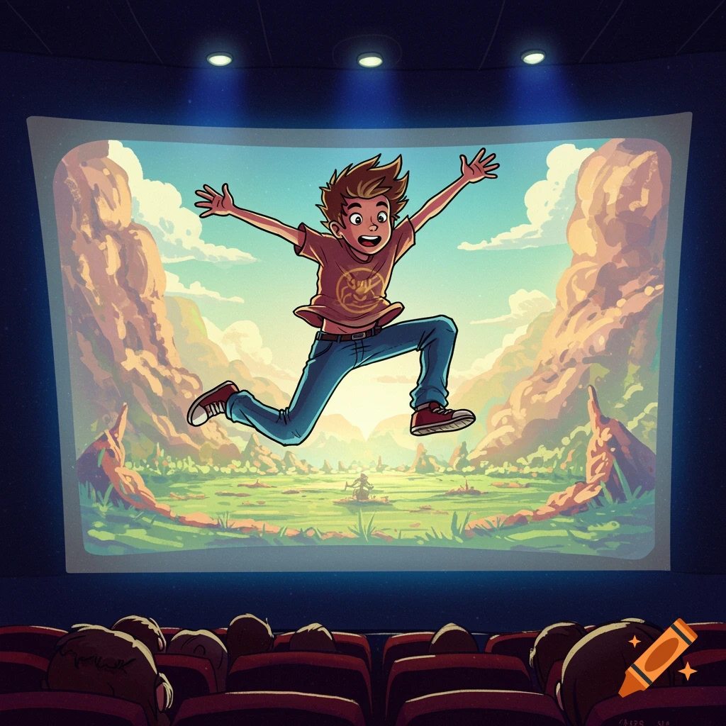 A cartoon boy jumps out of a movie screen showing a fantasy landscape, viewed from red theater seats.