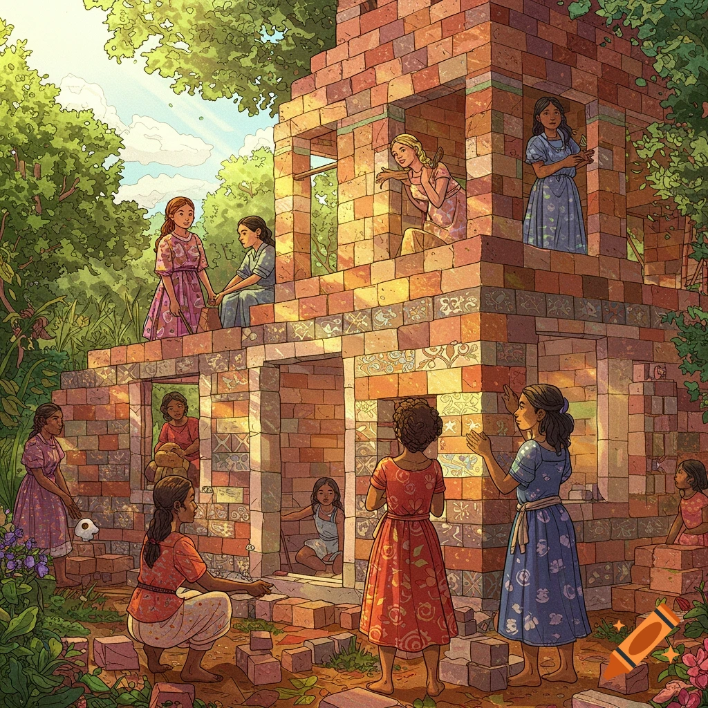 Illustration of women and girls building a brick structure outdoors.