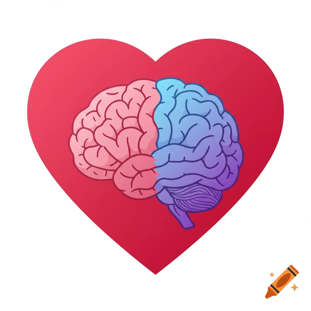 Illustration of a stylized brain divided by color inside a red heart icon