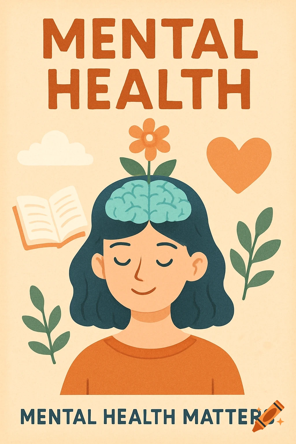 Illustration poster for mental health featuring a person with a brain and flower, book, and heart, with text MENTAL HEALTH MATTERS.