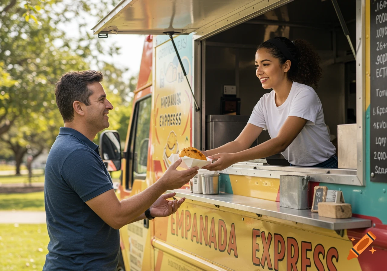 A customer receives an empanada from a smiling vendor at a food truck.