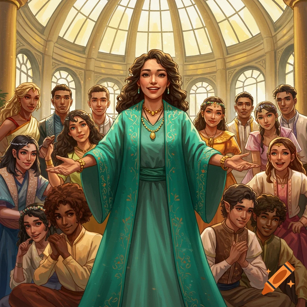 An illustration of a woman in a green robe standing in a large hall, surrounded by a diverse group of people.