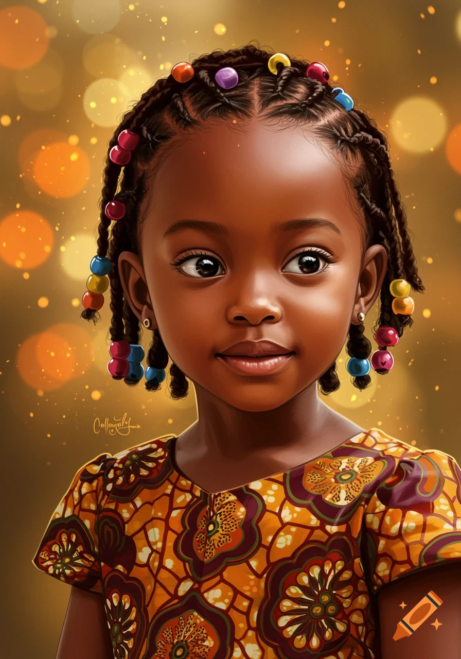 Digital painting portrait of a young Black girl with braided hair, colorful beads, and African print clothing against a bokeh background.