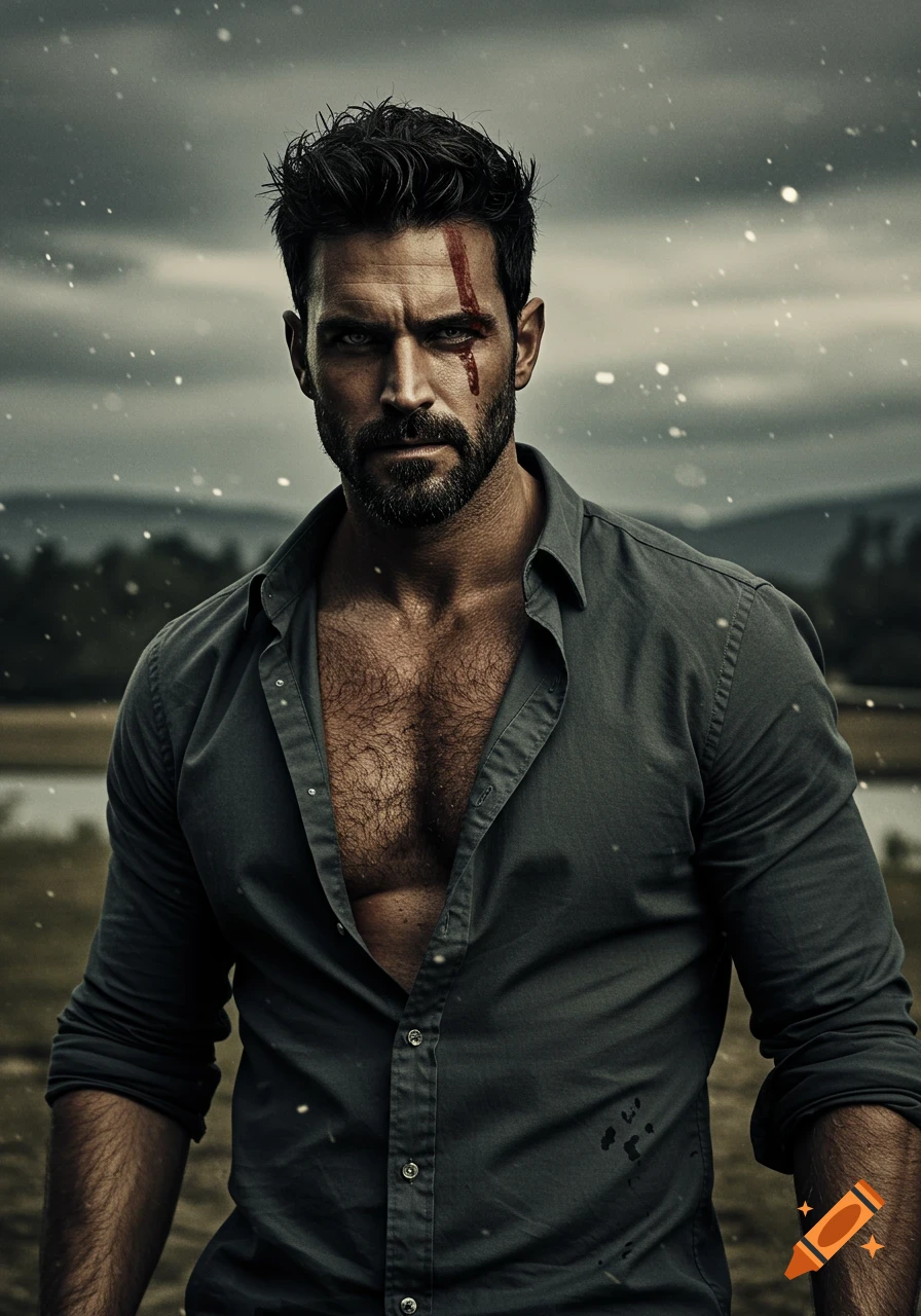 A rugged man with a beard and red mark on his face, wearing an open shirt, stands outdoors in the rain.