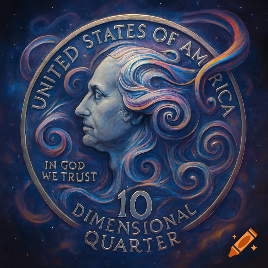 Stylized US quarter featuring George Washington's profile with swirling hair against a cosmic background.