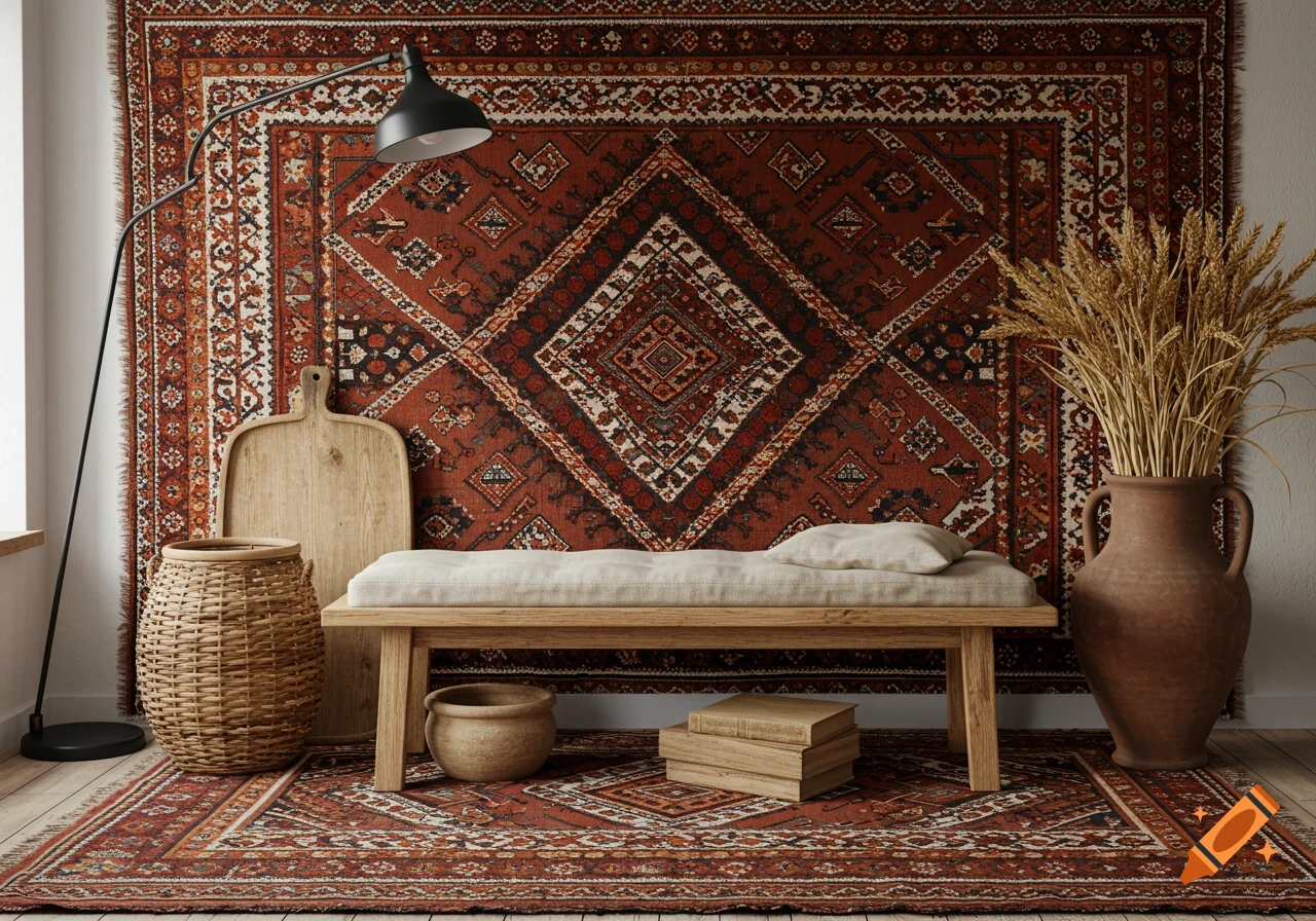 Interior scene with large ethnic rug, wooden bench, woven basket, and vase with wheat sheaves.