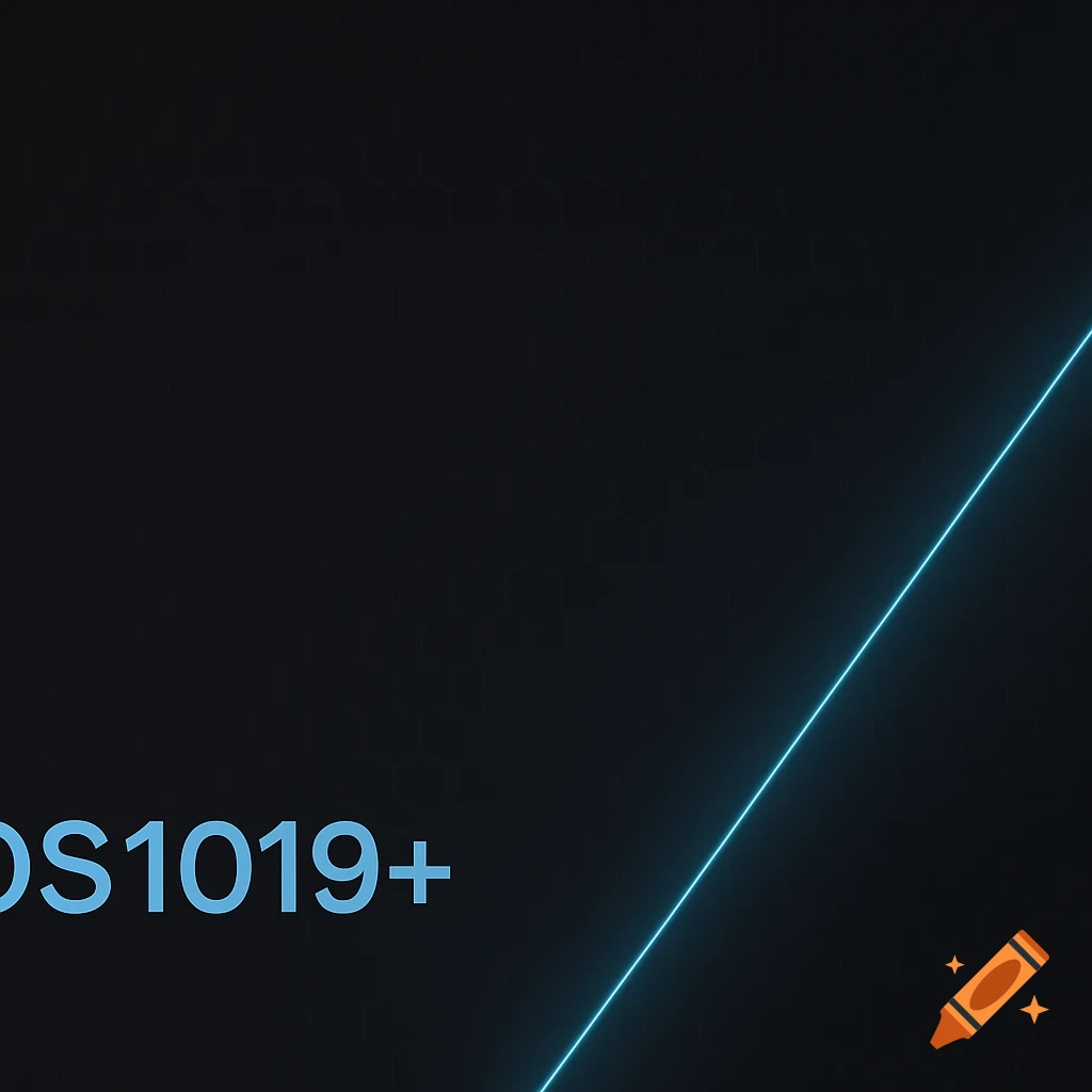 Minimalist tech background with subtle hexagonal grid, neon blue diagonal line, and blue text 'DS1019+' in the lower-left.