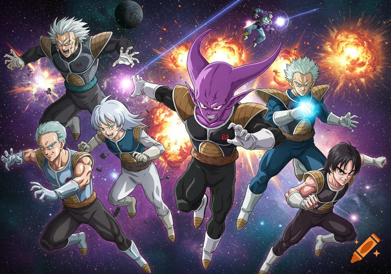 Members of the Ginyu Force fight in space with explosions.