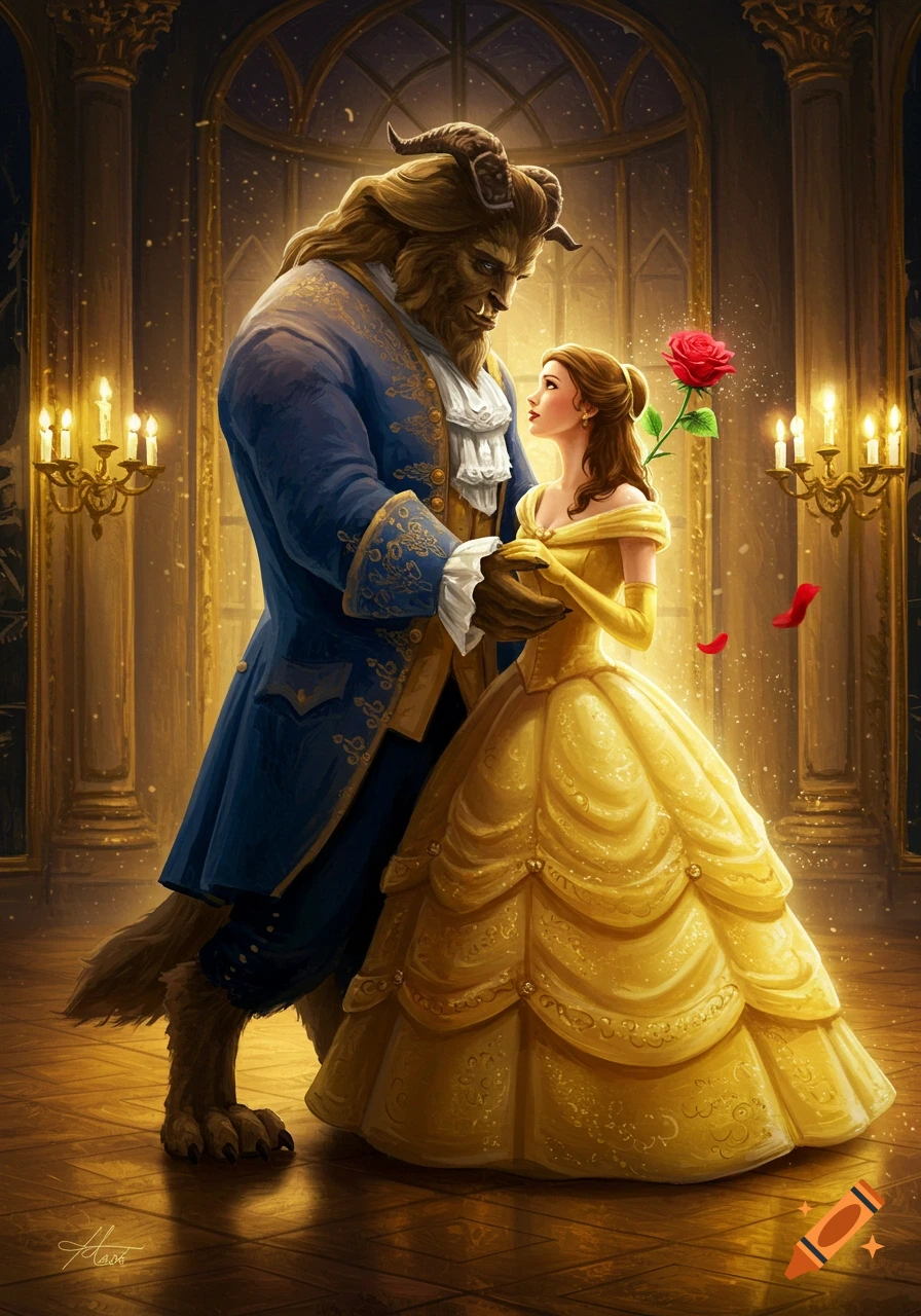 Oil painting of Belle and the Beast dancing in a grand ballroom.