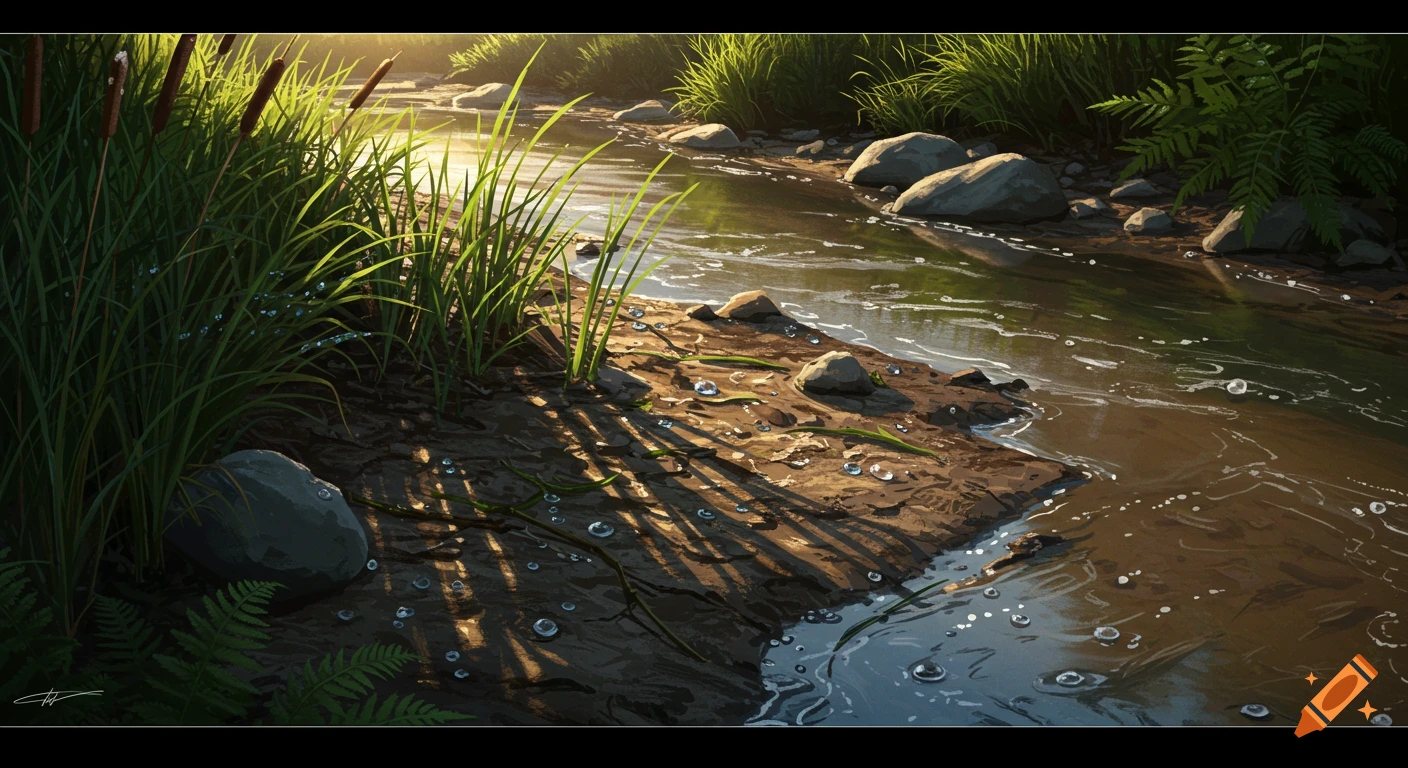 Sunlight casts long shadows on a muddy riverbank with tall grass, reeds, rocks, and glistening water droplets.