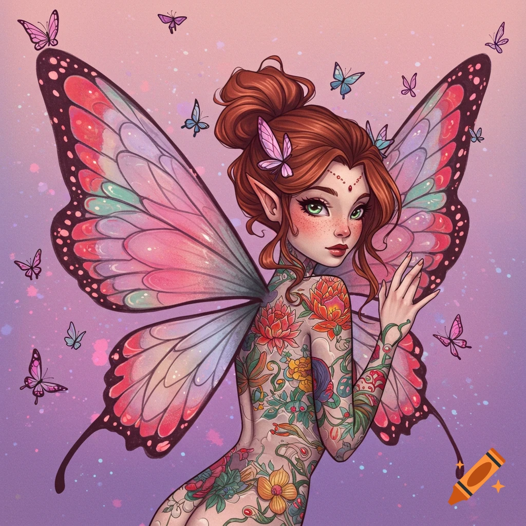 Illustration of a red-haired fairy with butterfly wings and extensive floral tattoos, surrounded by small butterflies.