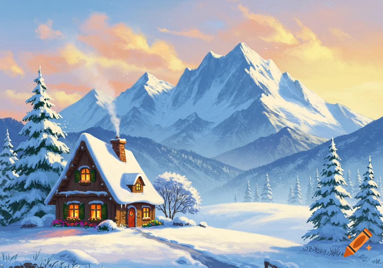 A painted winter landscape featuring a snow-covered cottage with smoke from the chimney, pine trees, and mountains under an orange sky.