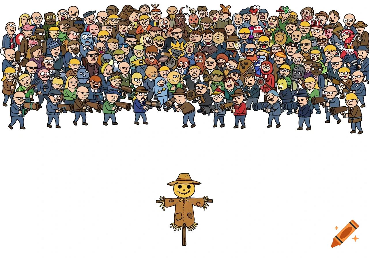 Cartoon crowd aims weapons at a scarecrow.