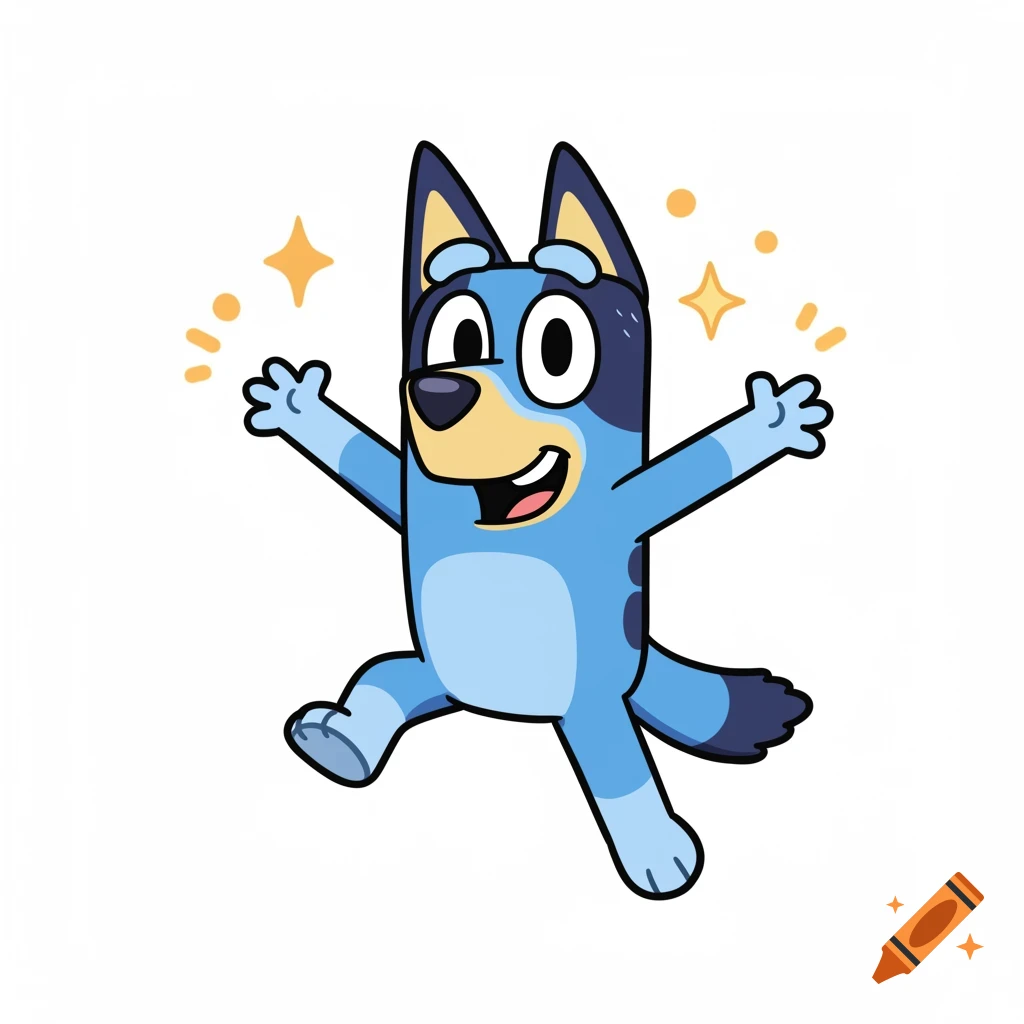 Cartoon of Bluey jumping with arms wide and stars.