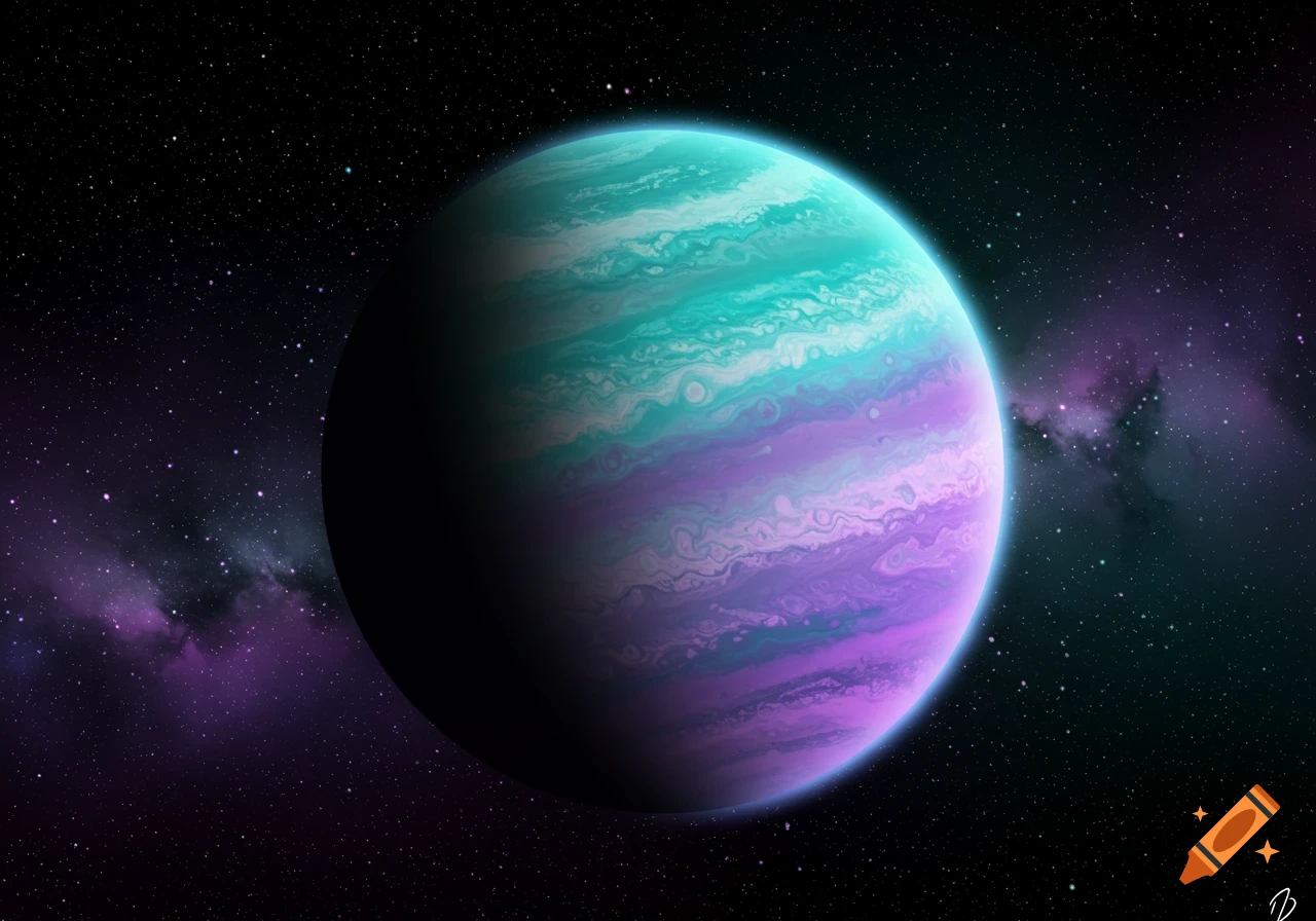 A gas giant planet with swirling teal and purple bands against a starry background with nebulas.
