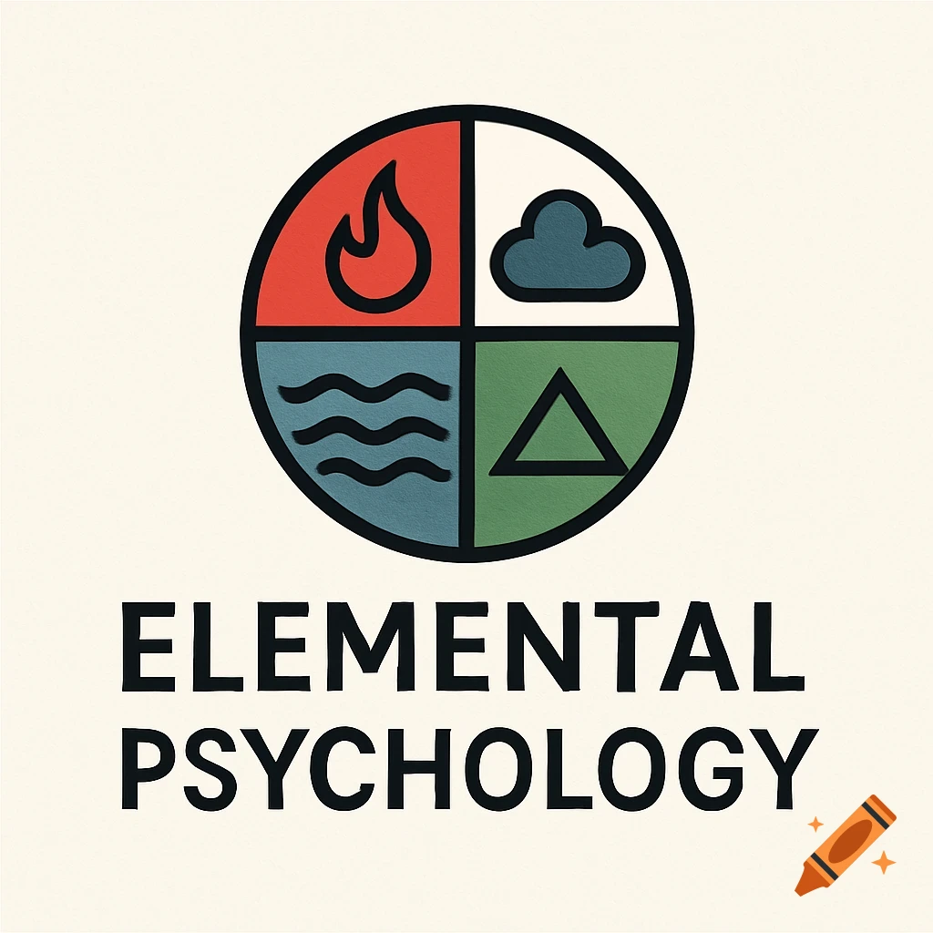 Logo featuring a circle divided into four quadrants, each containing a symbol for an element: fire (red), air/cloud (white/grey), water (blue), and earth/triangle (green). Below the circle is the text "ELEMENTAL PSYCHOLOGY".