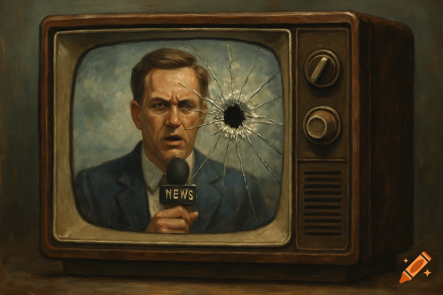 Painting of a vintage television screen showing a reporter with a bullet hole.