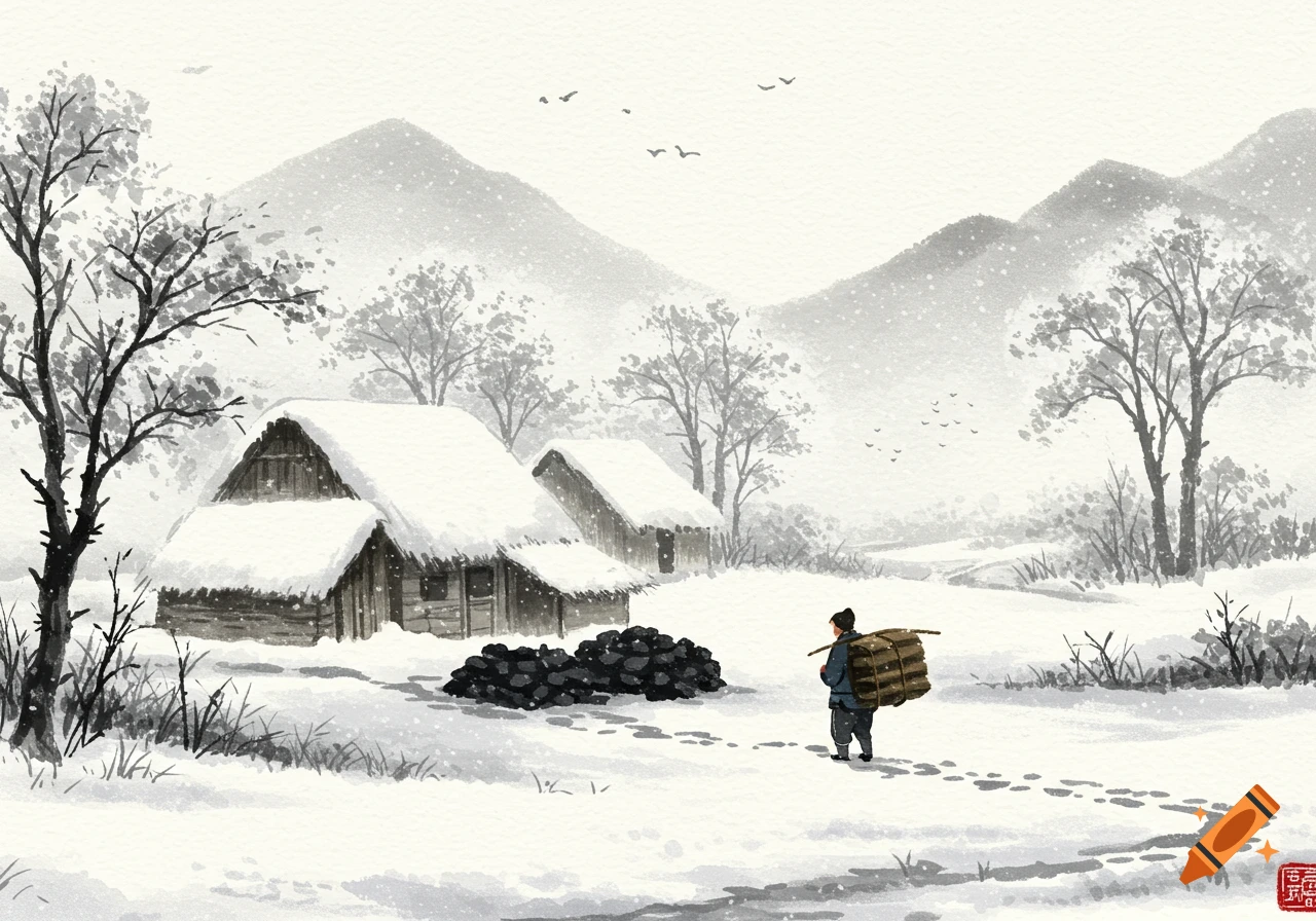Ink wash painting of a person carrying firewood walking through snowy village scene.