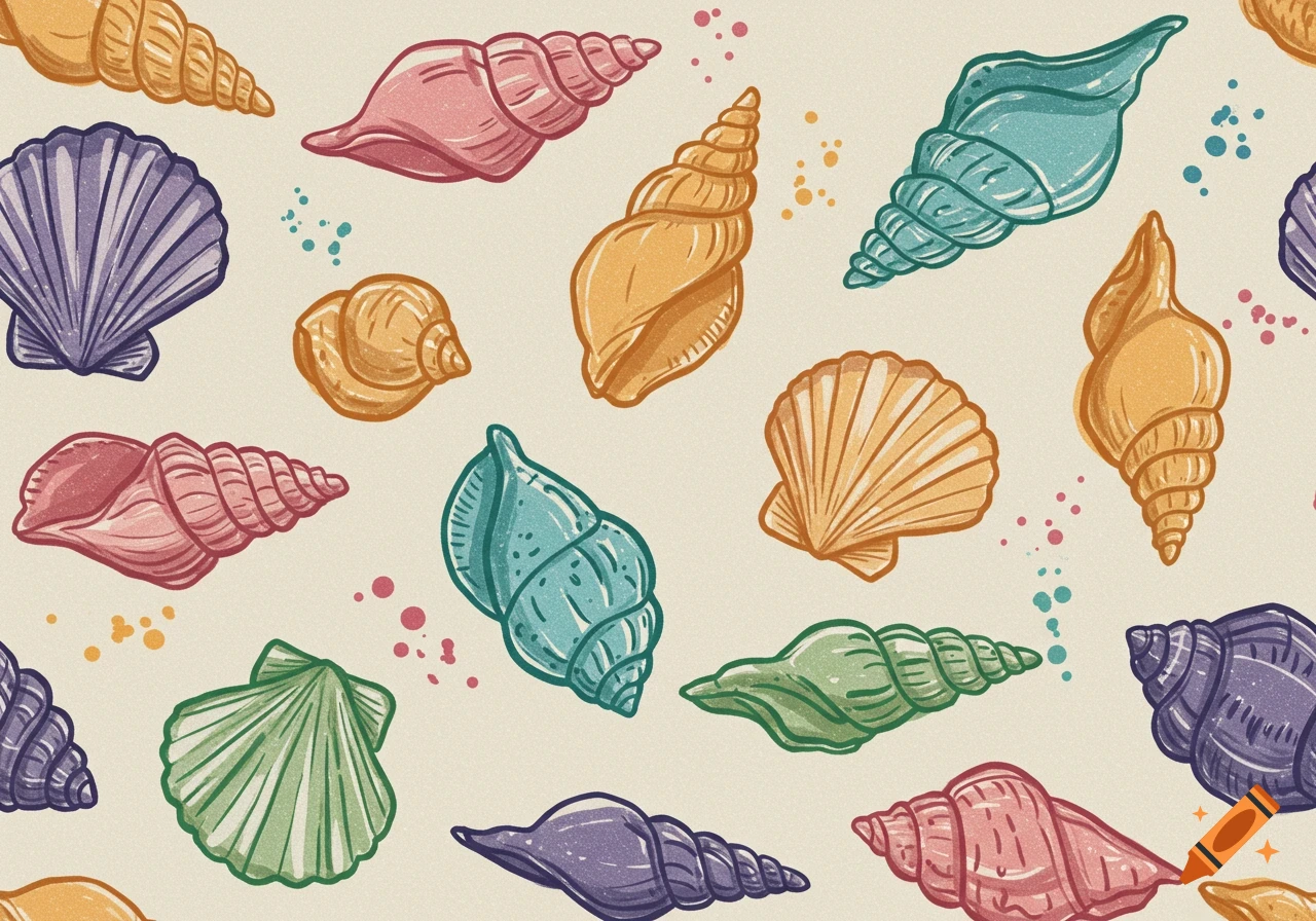 Hand-drawn pattern of colorful seashells.