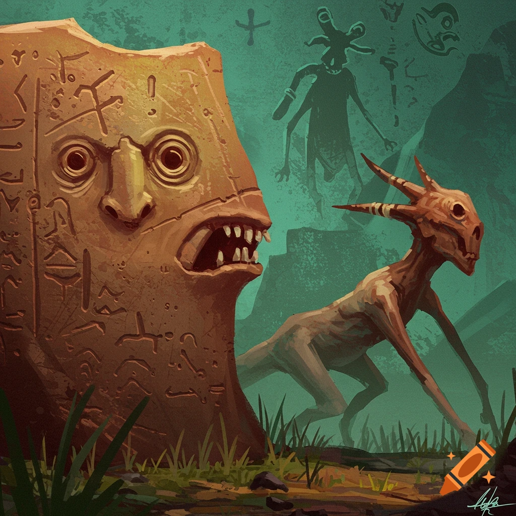 A large carved stone figure with a face and teeth stands next to a thin horned creature. Ancient symbols in background. Digital painting.