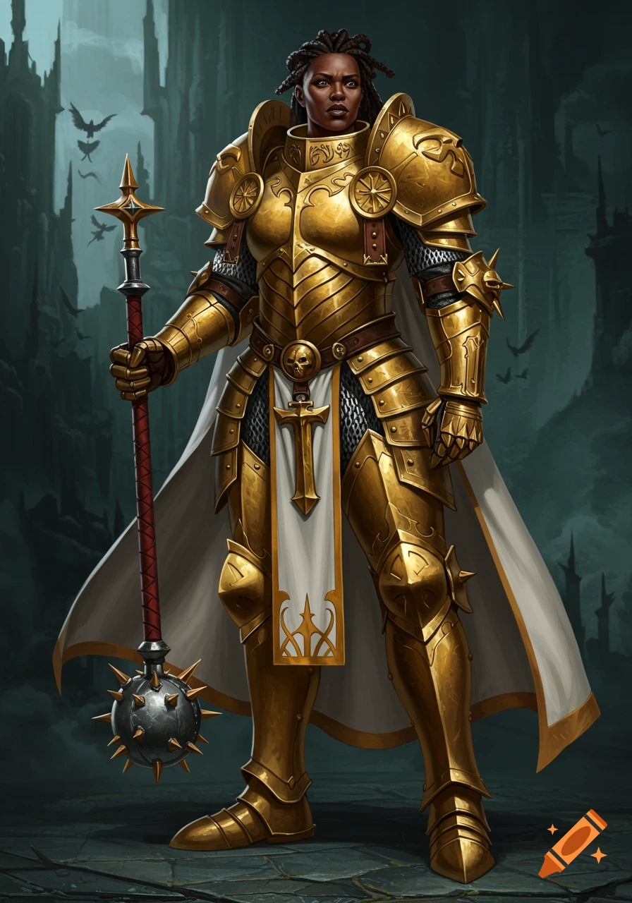 Dark-skinned female paladin in golden armor holding a mace in a dark fantasy setting.