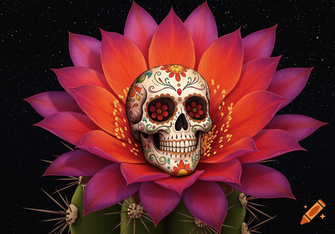 A decorative sugar skull sits on an open pink and orange cactus flower against a starry background.