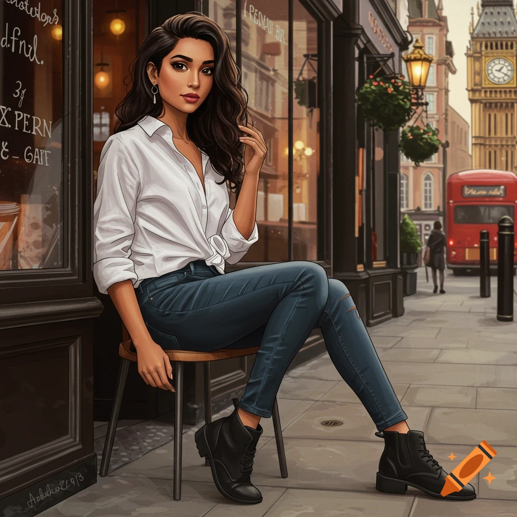 Illustrative portrait of a woman in western clothes sitting outside a shop in London.