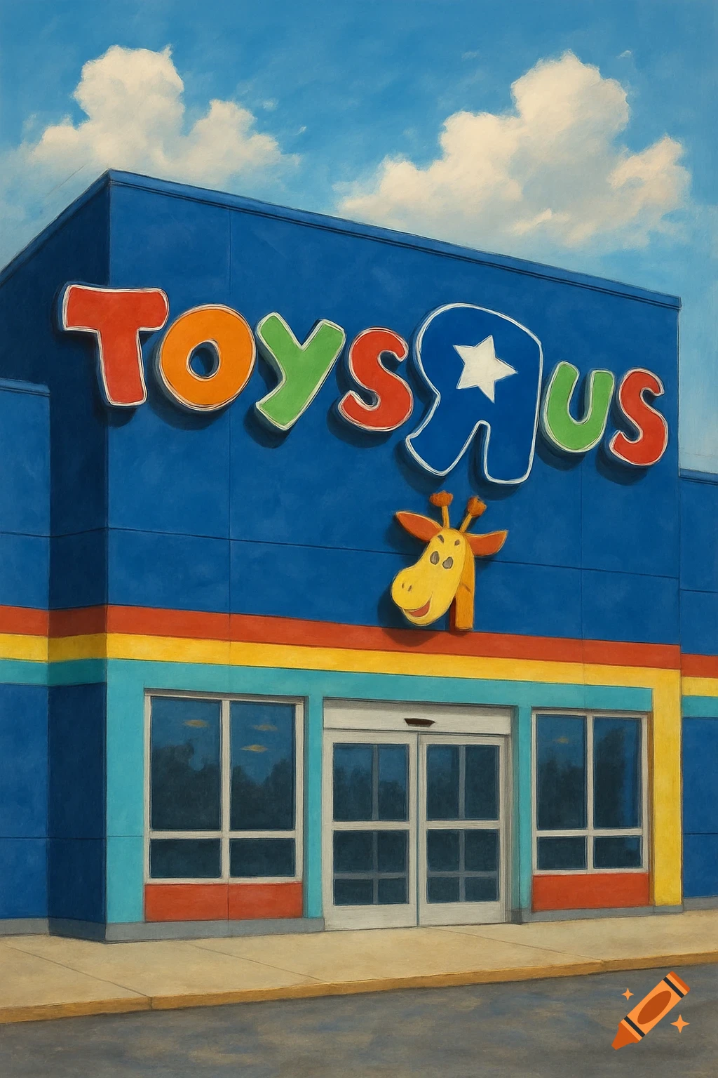 Facade of a Toys Я Us store with the logo and Geoffrey the Giraffe mascot.