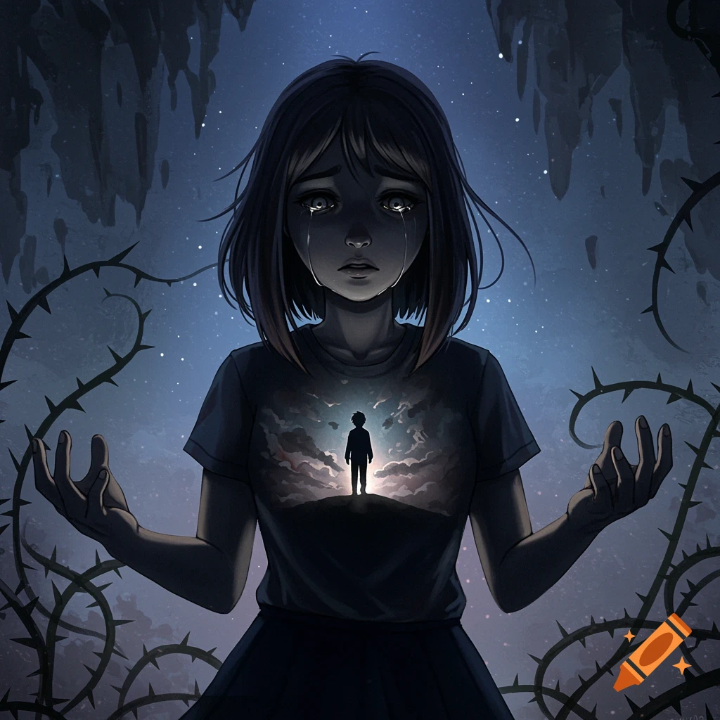 Illustration of a crying girl with thorns surrounding her hands, a boy's silhouette on her chest against a starry sky.