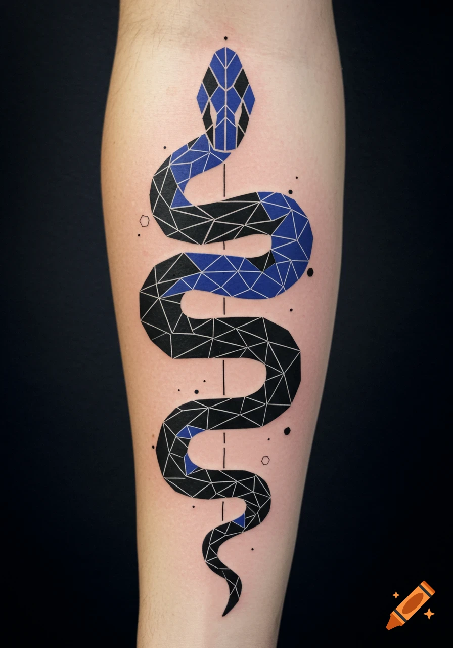Geometric black and blue snake tattoo on skin.