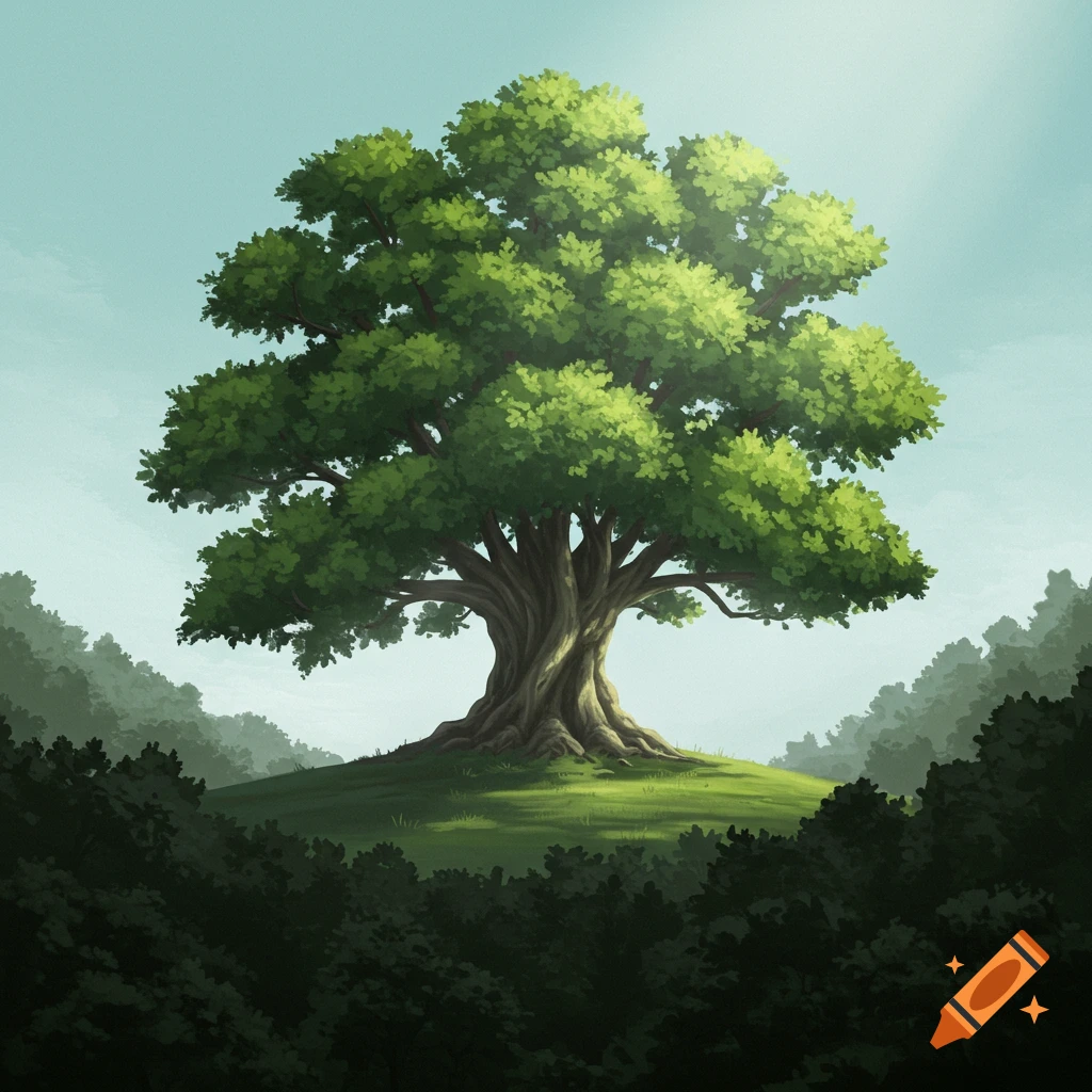 An illustration of a large green tree on a hill surrounded by a dark forest.