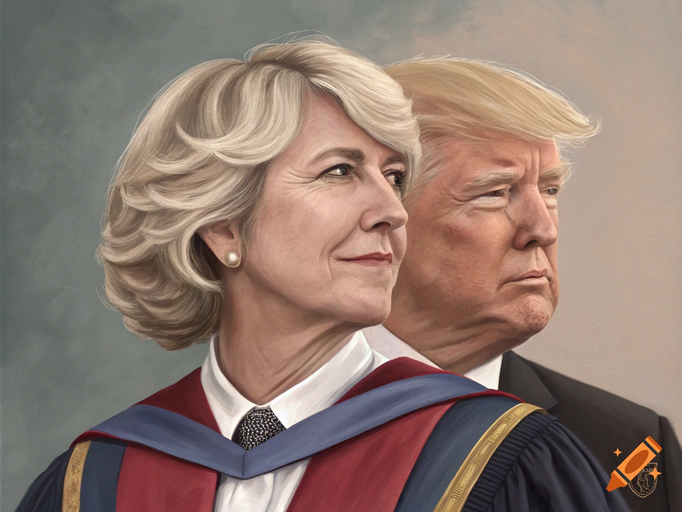 Painting of a woman in academic robes and a man in a suit standing side ...