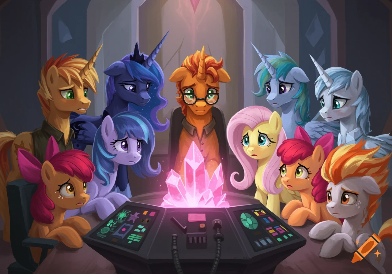 Eight animated ponies gather around a glowing crystal console in a dim room.