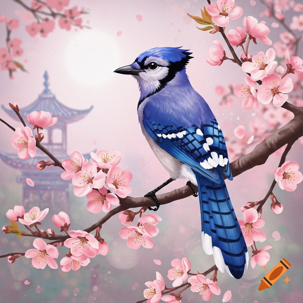 A blue jay perching on a branch with pink cherry blossoms, with a pagoda in the background.