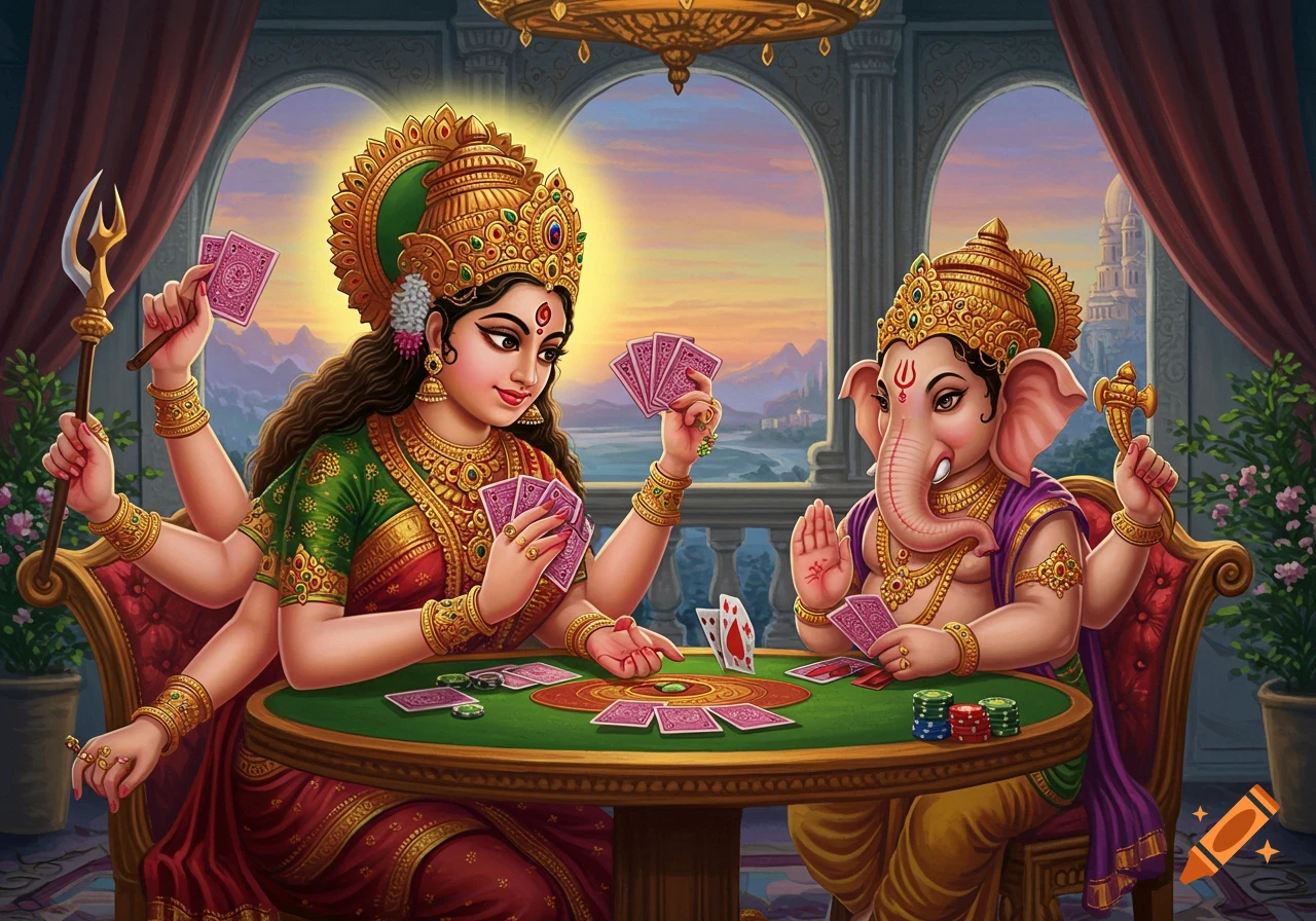 Illustration of Hindu deities Durga and Ganesh playing cards at a table.