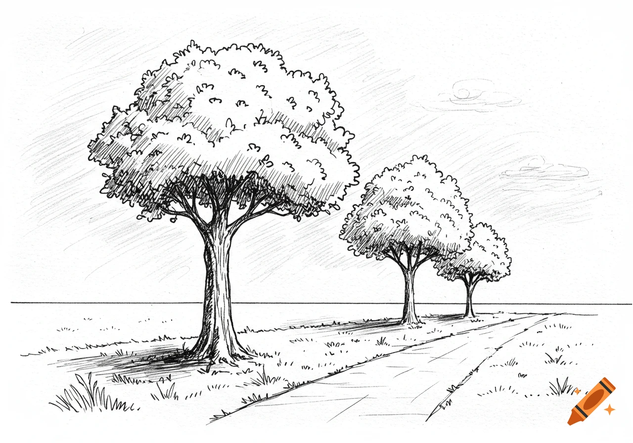Black and white sketch of three trees beside a path.