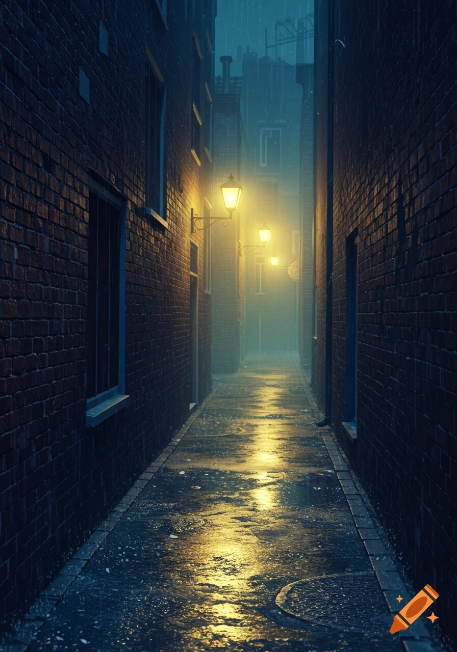 Dark rainy alleyway lit by gas lamps, wet brick walls, reflections on the ground.