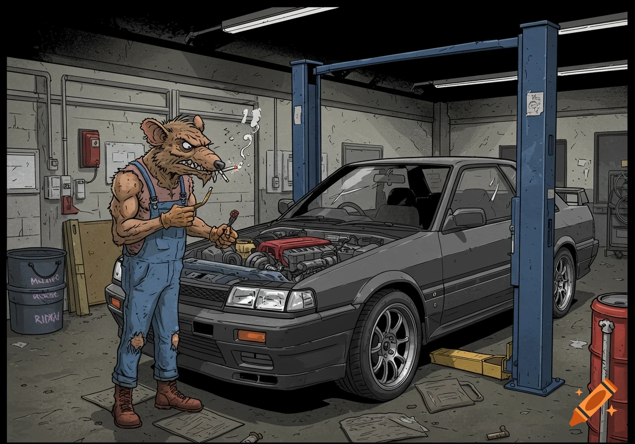 A comic art illustration of a muscular rat mechanic working on a car in a garage.