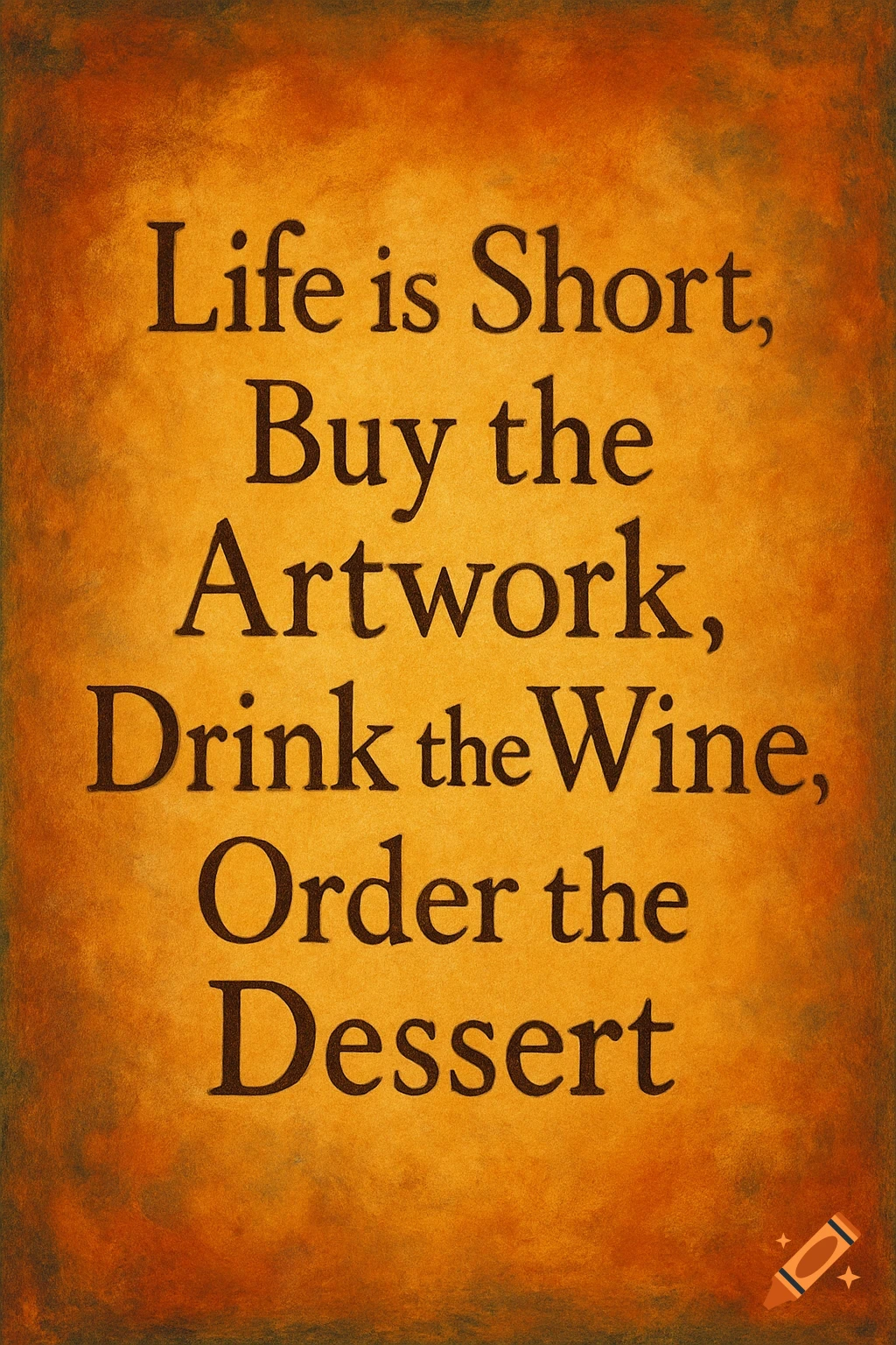 Quote on a textured orange background: Life is Short, Buy the Artwork, Drink the Wine, Order the Dessert.